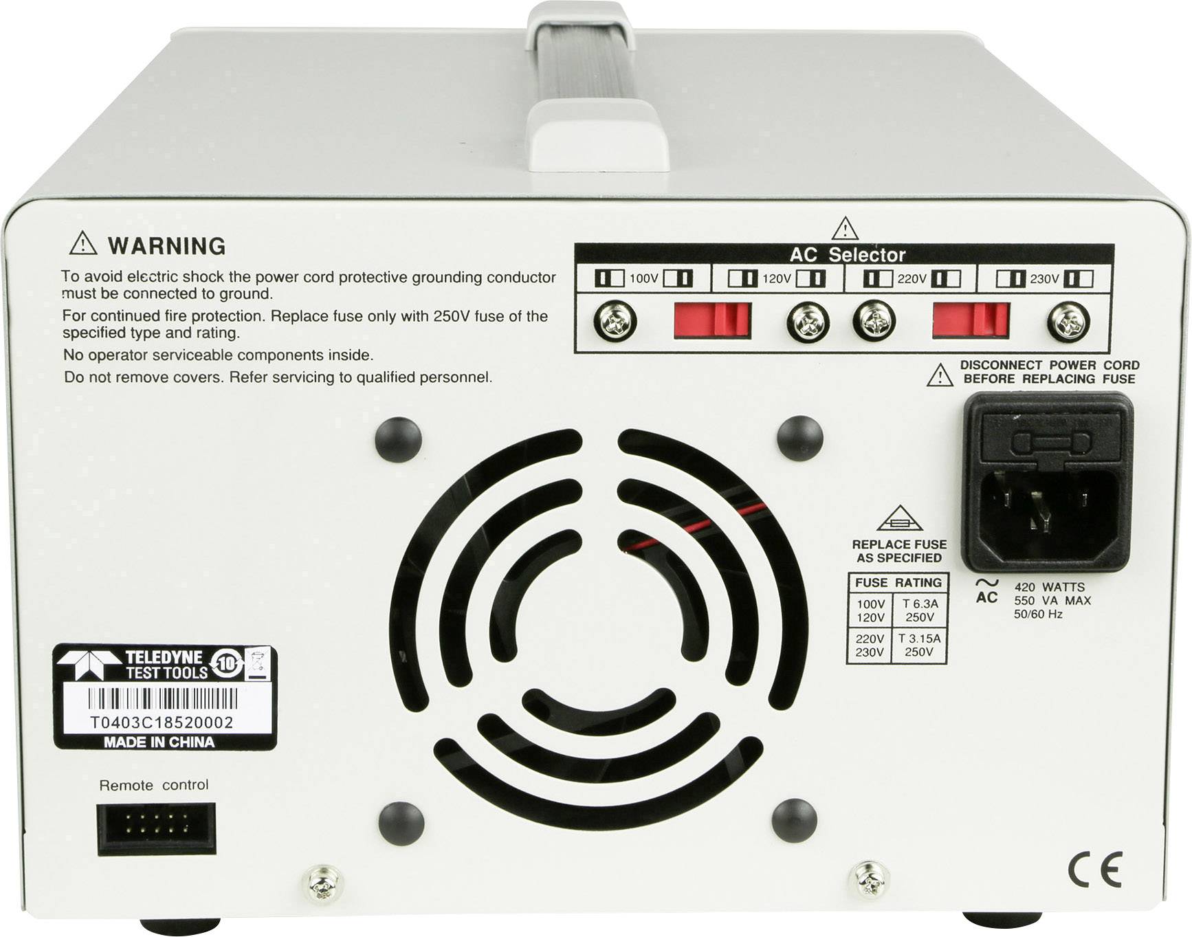 Rear view of an electrical device with a fan, safety warning notices, an AC control strip, fuse detail, and manufacturer information.