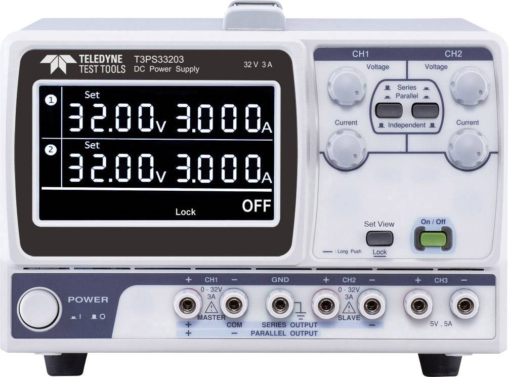 Electronic dual-channel power supply unit. Digital display shows current of '32.00V' and '3.000A' for both channels.