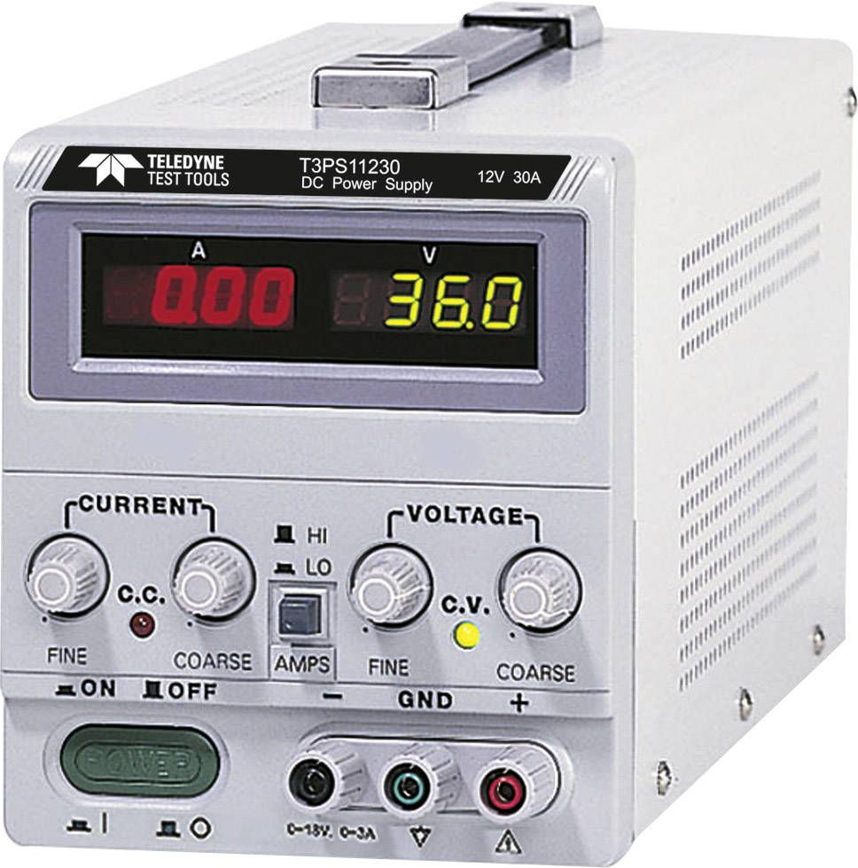 A grey laboratory power supply is showing a voltage of 36 volts and a current of 0 amperes. Above are input controls and an on/off switch.