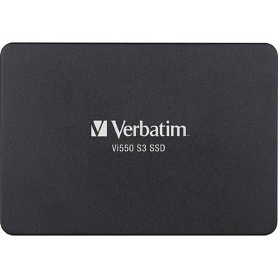 A black 'Verbatim Vi550 S3 SSD' hard drive, showing the brand logo and model number in white text on the front side.