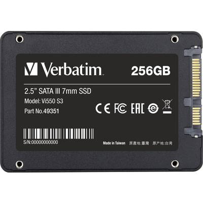 'Verbatim 256GB SSD, 2.5" SATA III' is shown at the top. Product details below: 'Model: Vi550 S3, Part No: 49351'. Contains CE and FCC symbols.
