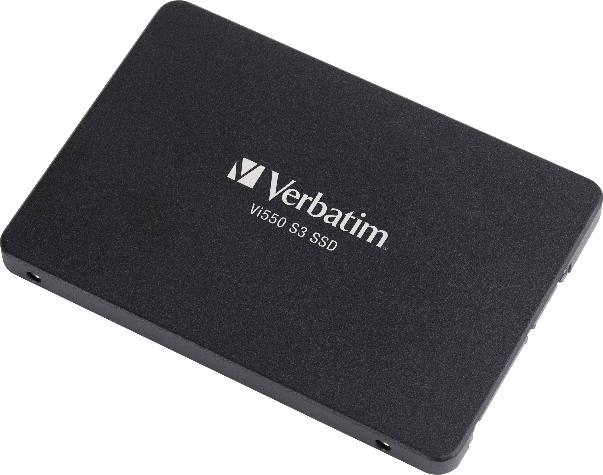 Black SSD hard drive by Verbatim, Vi550 S3 model, rectangular and slim, with white logo and text on the top surface.
