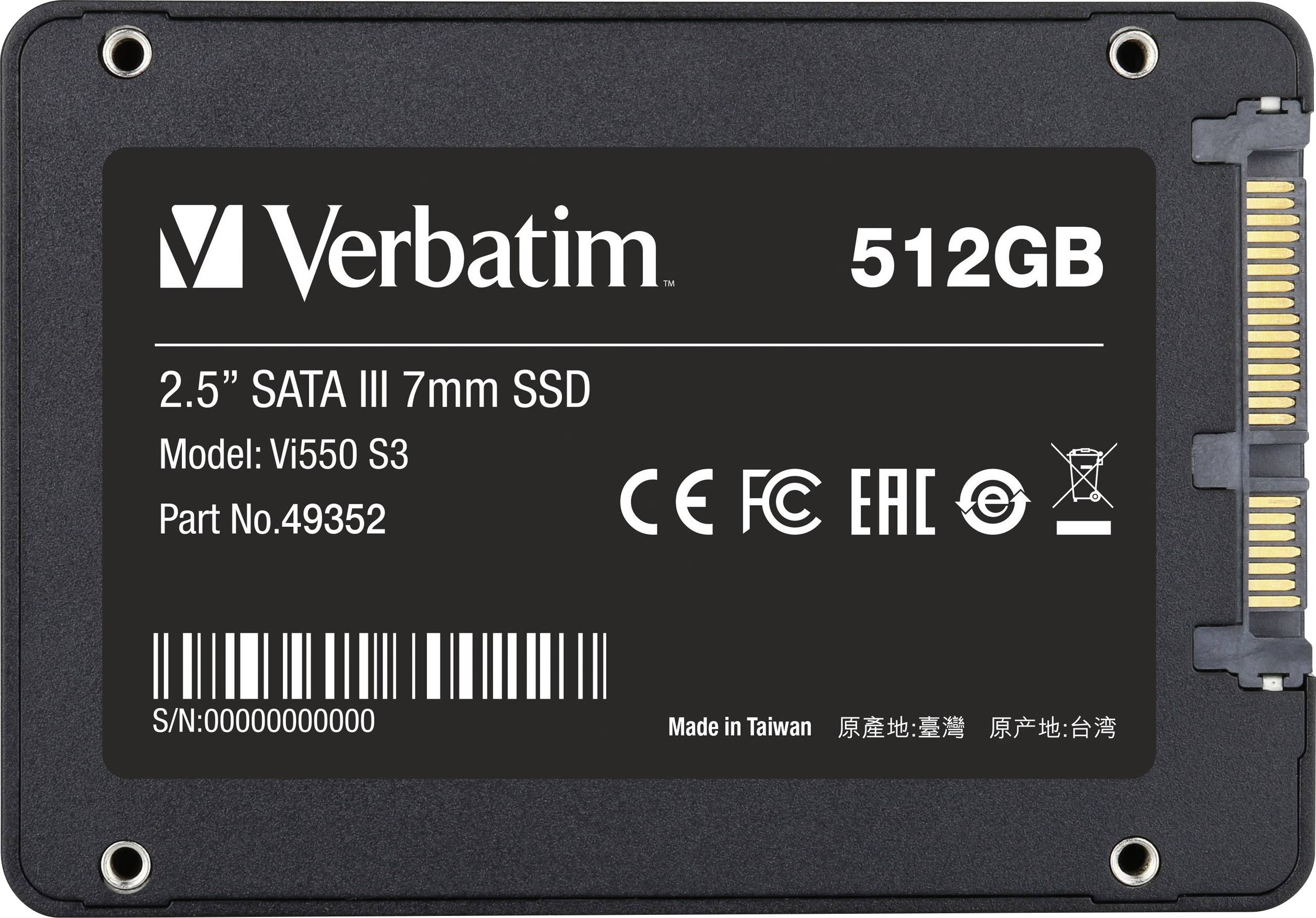 'Verbatim SSD with 512GB, 2.5" SATA III, Model Number Vi550 S3. Certificates: CE, FCC, EAC. Manufactured in Taiwan.'