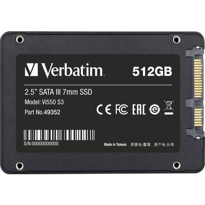 'Verbatim SSD with 512GB, 2.5" SATA III, Model Number Vi550 S3. Certificates: CE, FCC, EAC. Manufactured in Taiwan.'