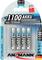 Four silver AAA Ansmann type 1100 batteries in packaging, high performance, 1050mAh, suitable for high-performance applications.