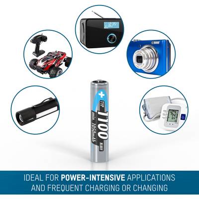 An AA battery, suitable for energy-intensive applications such as cameras, toy cars and torches. Suitable devices are pictured in the background.
