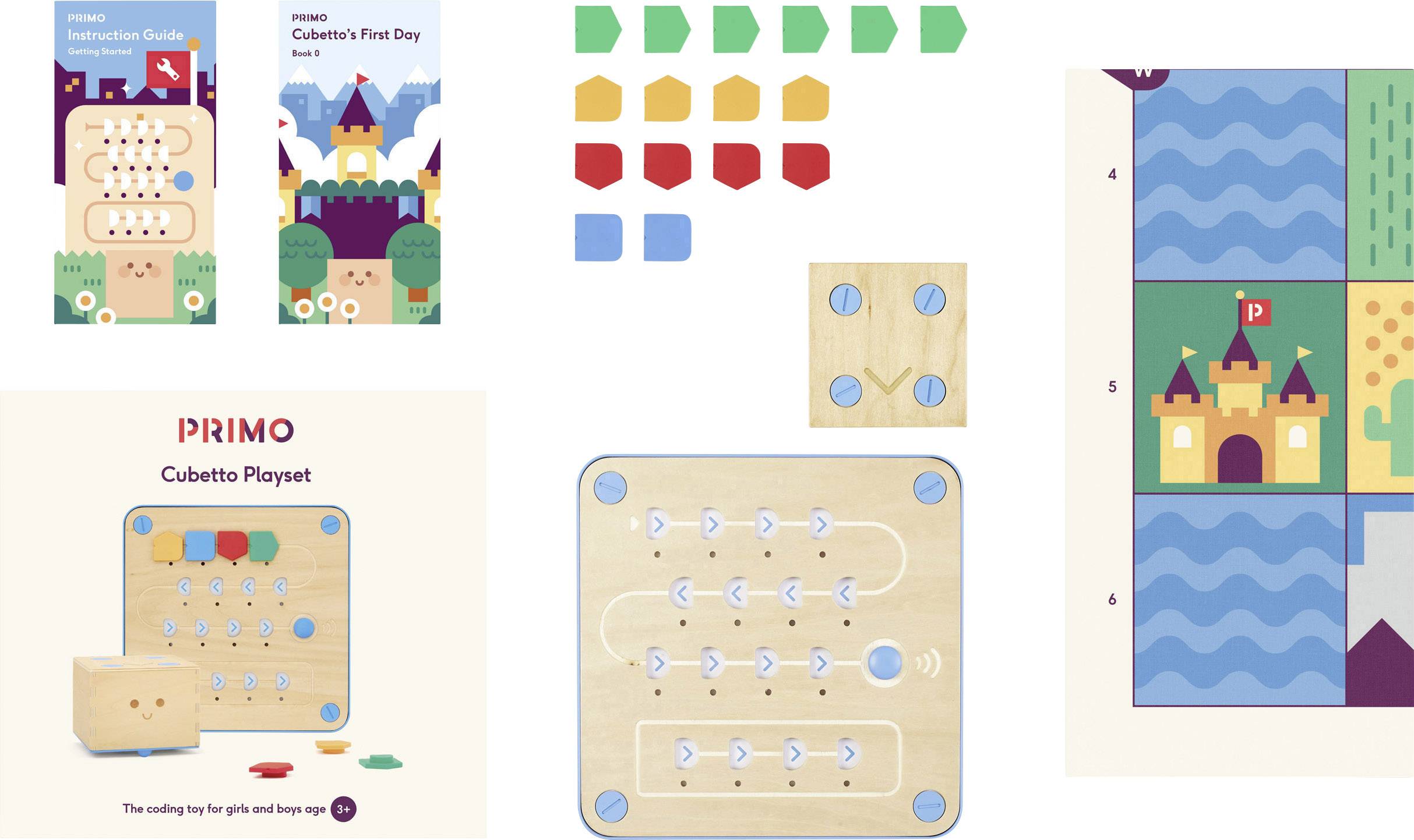 A play set with a wooden board, coloured blocks, and instruction booklet. Goal: to learn programming through play. Contains blocks, cards, and instructions.