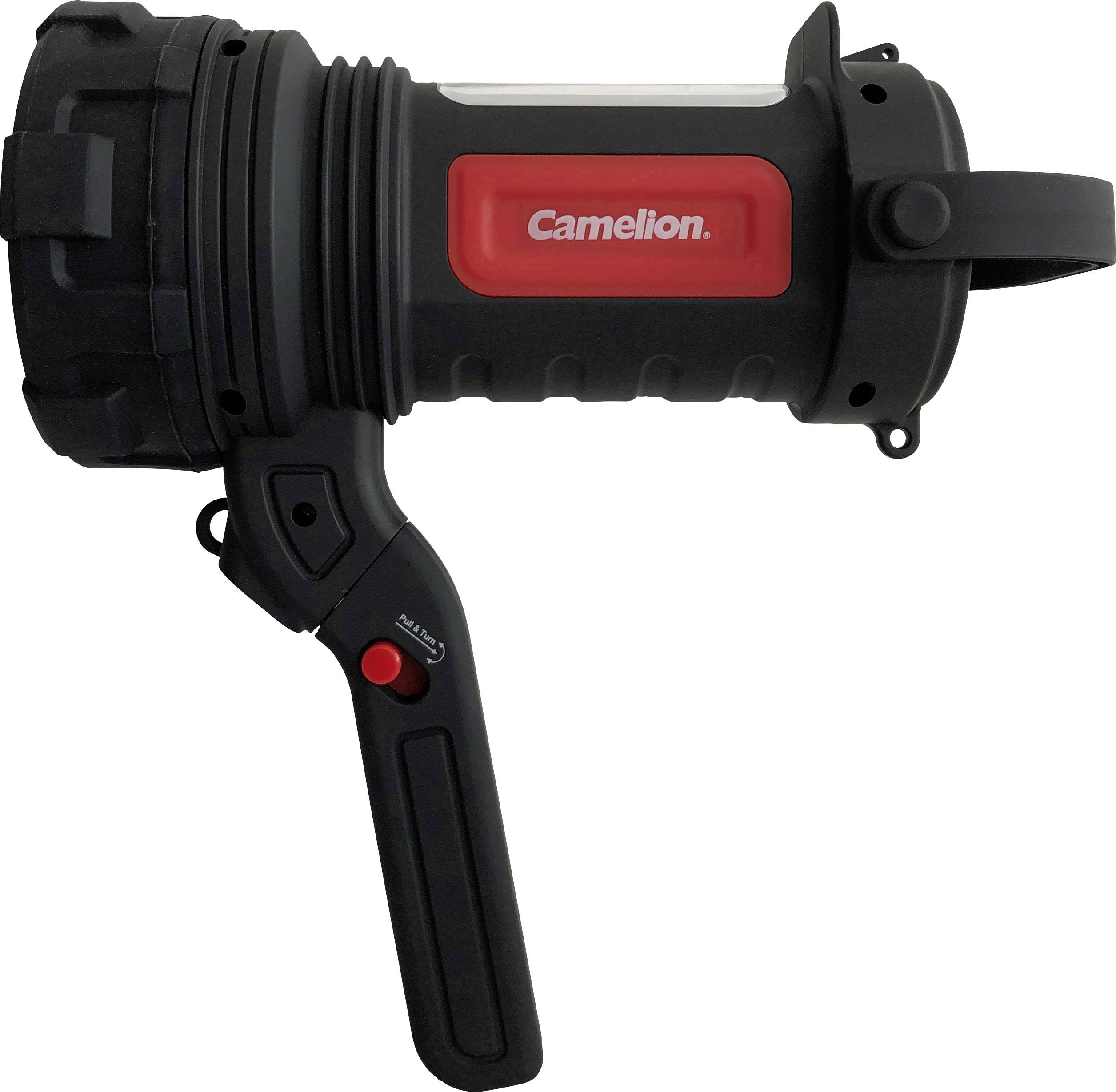 Black and red portable torch with handle and on/off switch, suitable for use in darkness.