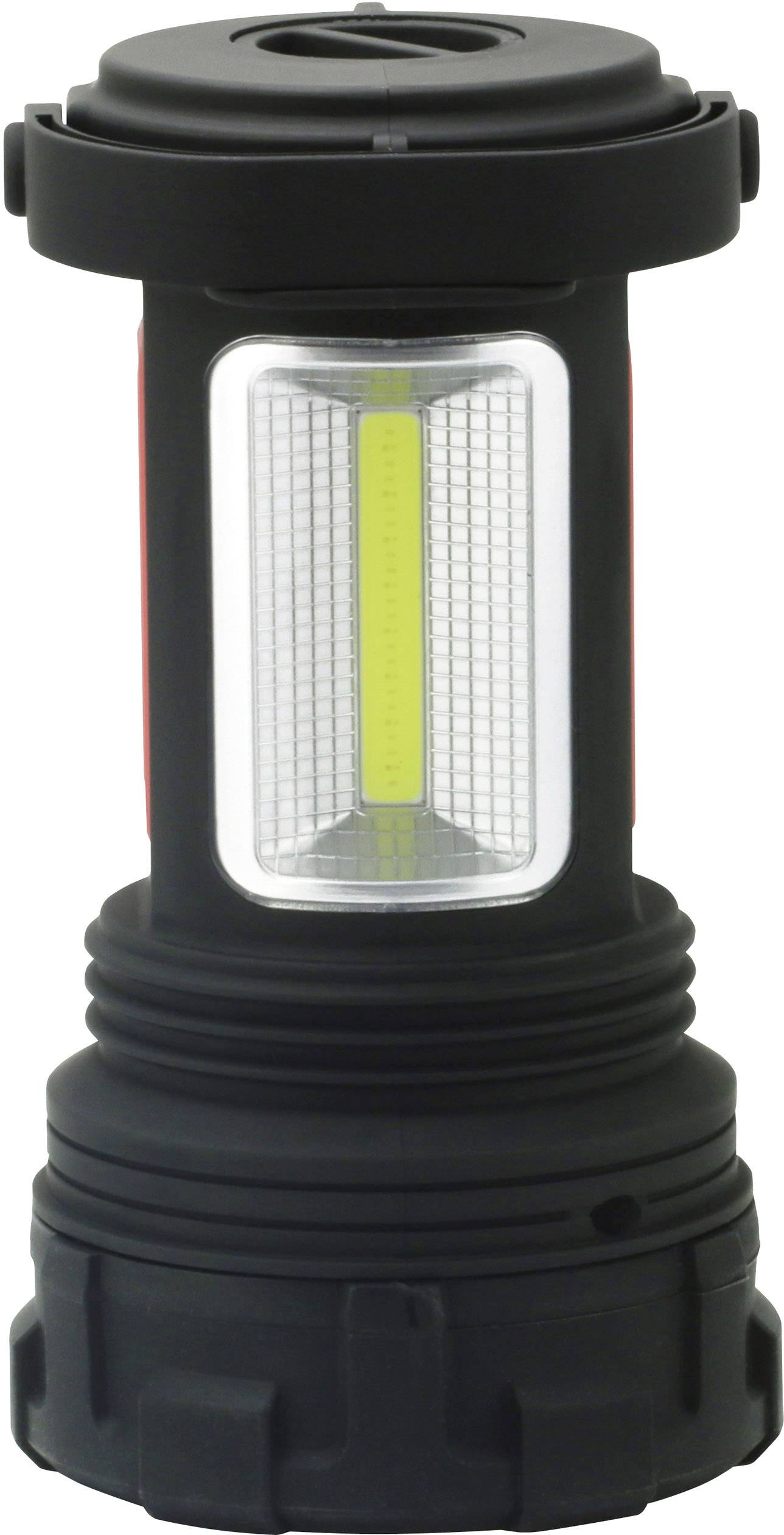 Black torch with a white LED light strip in the middle. Robust design, suitable for outdoor activities.