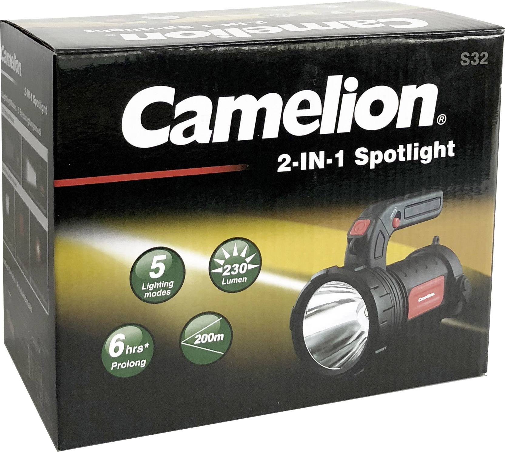 'Camelion 2-IN-1 Spotlight' Packaging Shows a Torch with 230 Lumens, 200m Range, 5 Light Modes and 6 Hours Battery Life.