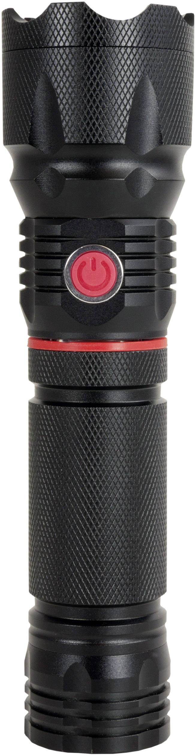 A black torch with a red button in the centre, ribbed grip for better handling, suitable for use in the dark.