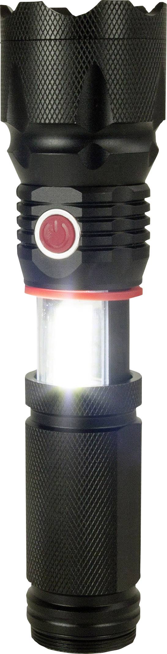 Black torch with a red button, shining brightly in the centre.