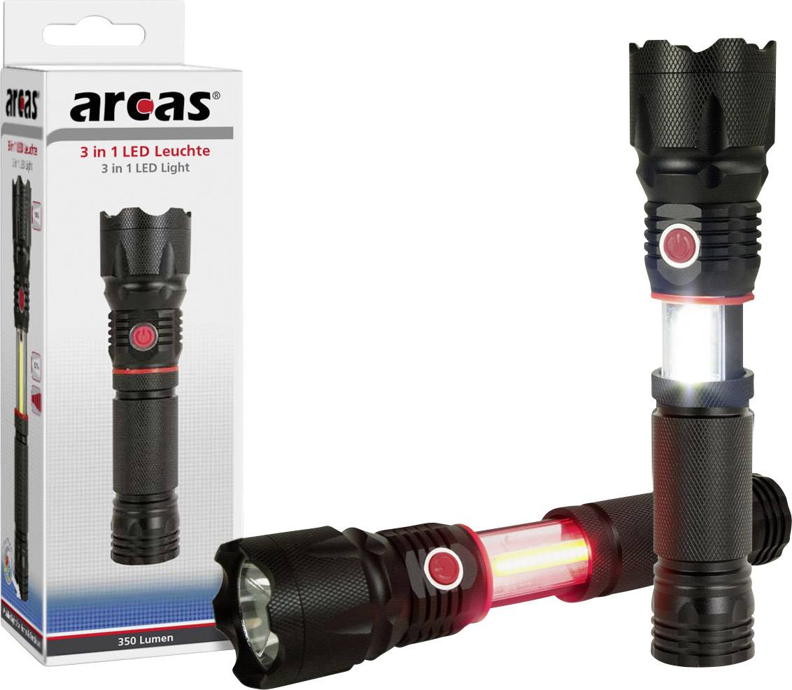 Black torch with red button, displaying three light modes: white, red, and flashing. Packaging featuring product image and text '3-in-1 LED Torch'.
