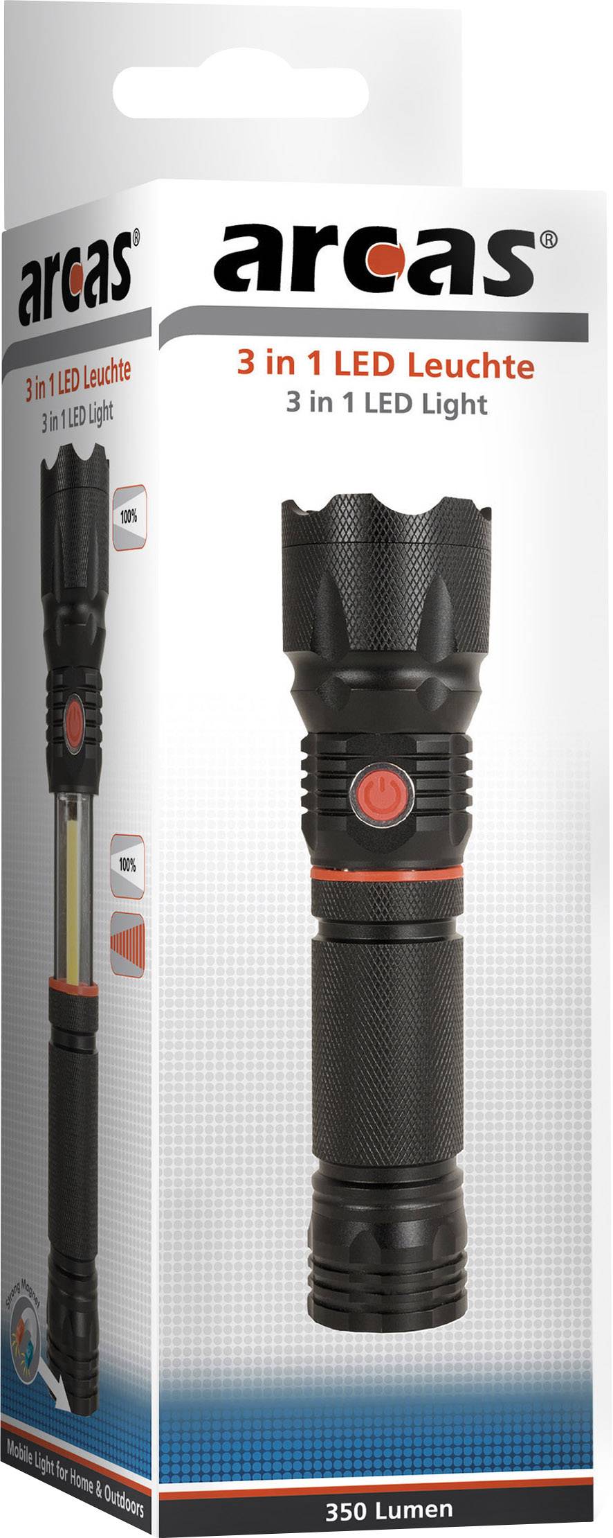 Black LED torch in packaging, with red switch, 350 lumens brightness. Product description in English and German.