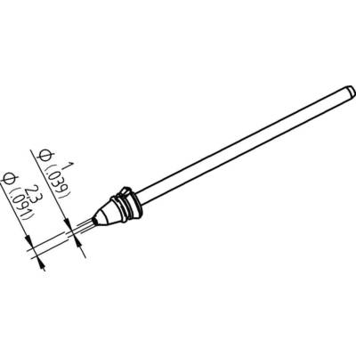 Technical drawing of a nozzle with dimensional specifications: Overall diameter 1 mm, narrower sections with 0.91 mm and 0.39 mm diameter.