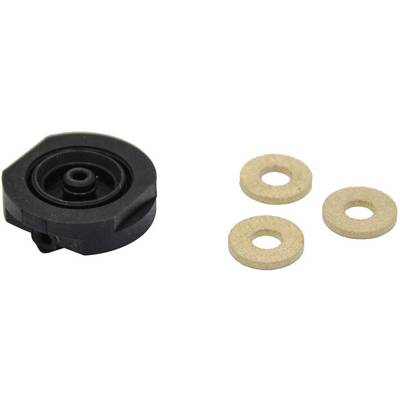 Black plastic mounting bracket to the left of three beige sealing rings. The components are placed on a white surface.