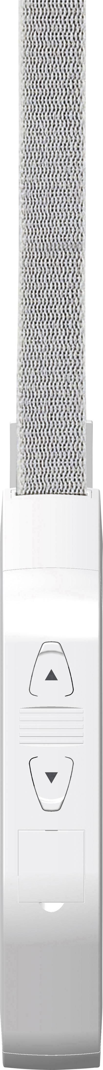 White remote control with two arrow buttons, pointing up and down, attached to a grey textile loop.
