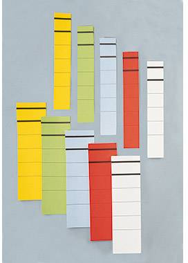 Coloured, stacked paper strips on a table show a ranking or scale. The strips have varying lengths and colours.