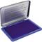 Blue ink pad in an opened metal case, ready for use with stamps.