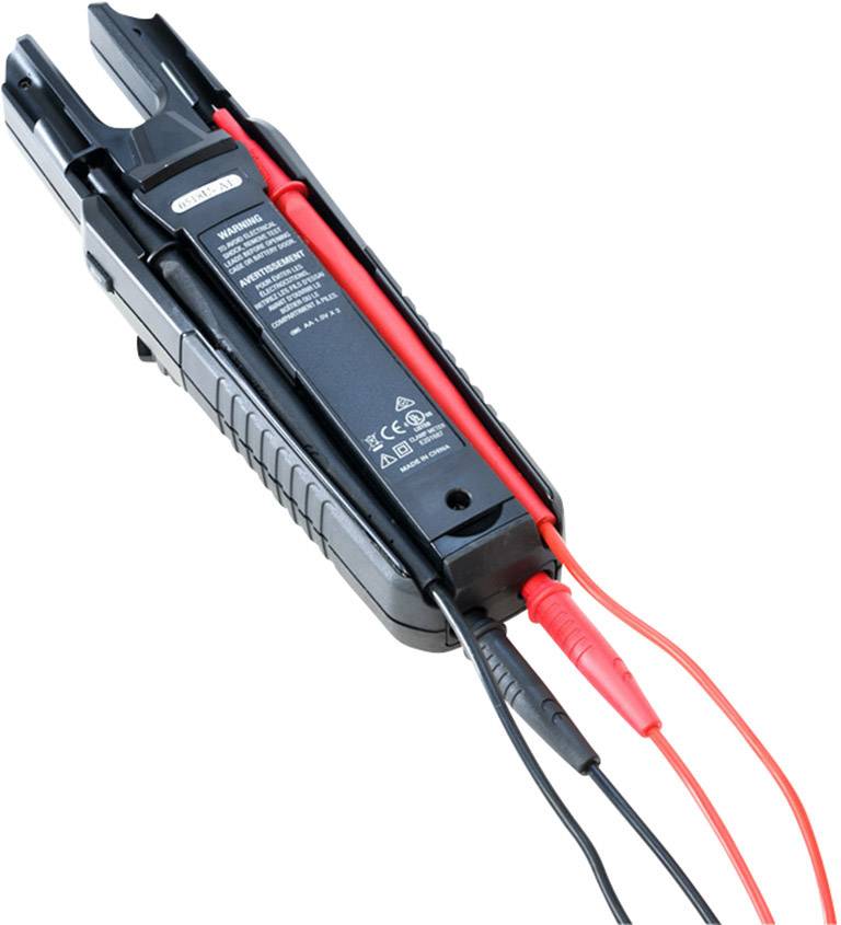 An electrical testing device with red and black cables, used for measuring voltages.