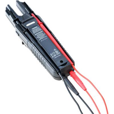 An electrical testing device with red and black cables, used for measuring voltages.