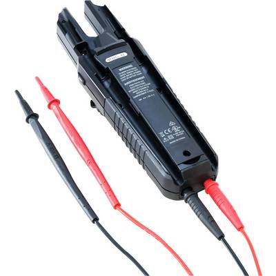 An electrical voltage tester with two cables, one red and one black, on a white background.