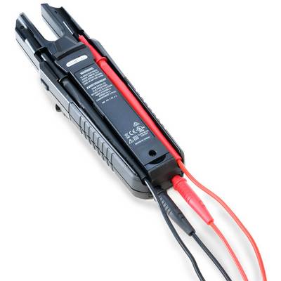 A digital voltage meter with black and red measuring leads, lying at an angle on a white background.