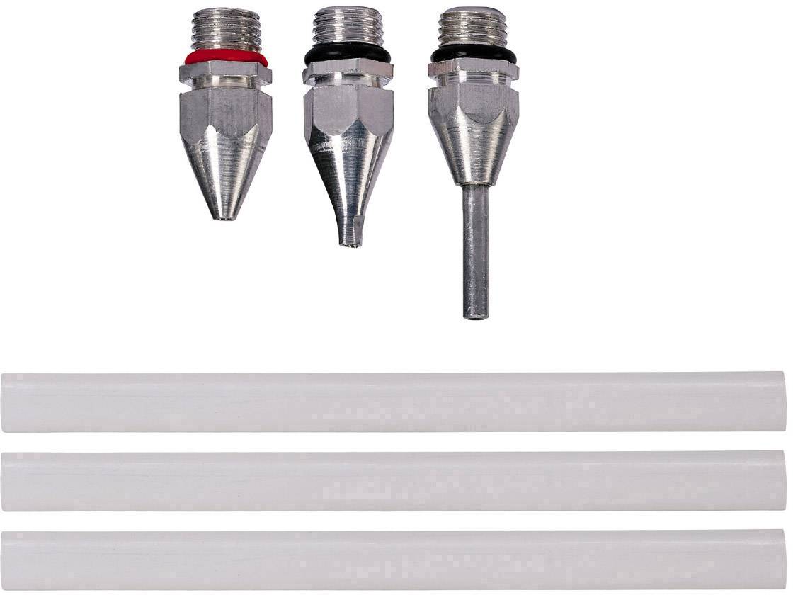 'Three metal valves and three white pipes arranged side by side, which can serve as spare parts for a specific machine.'