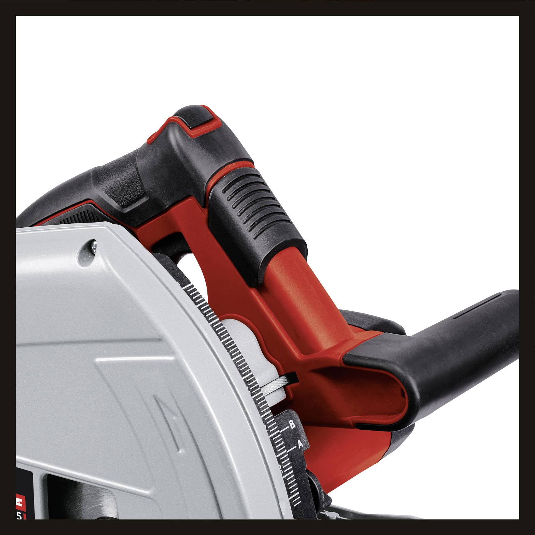 An electric circular hand saw with a black and red handle, partially visible. It is ready for use, as indicated by its operational controls.