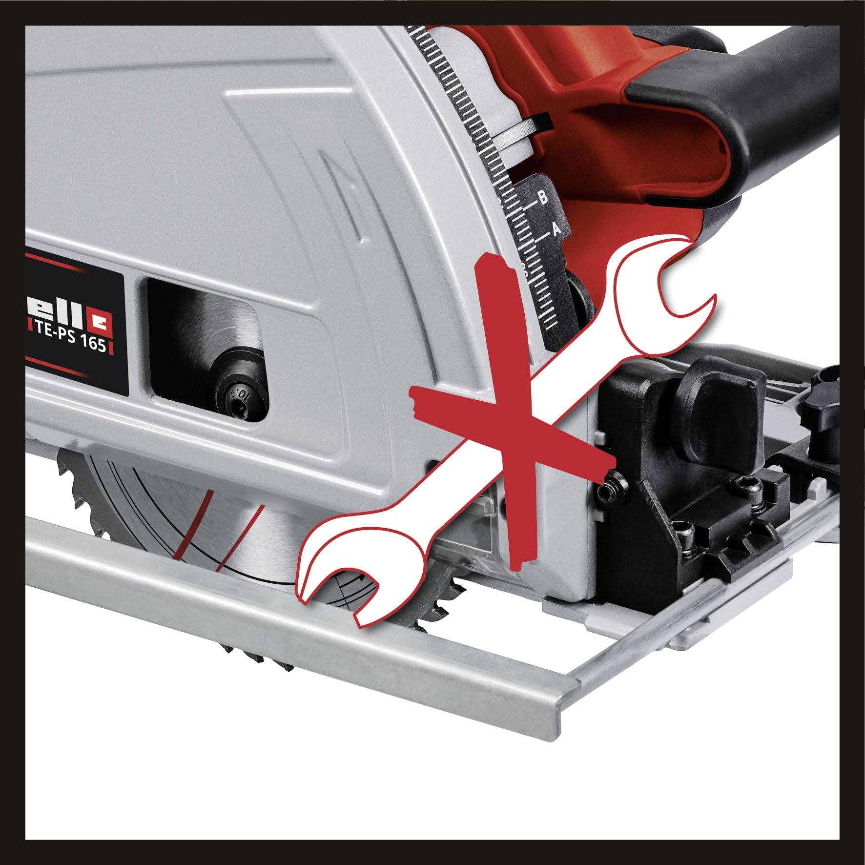 Electric hand circular saw with a red cross over a tool symbol, indicating that no tool is required for certain maintenance tasks.