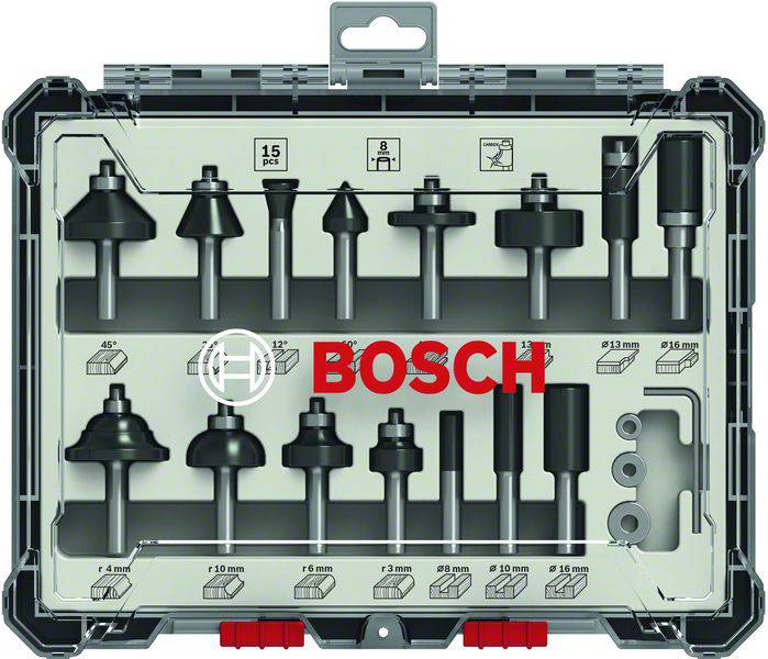 'Bosch' milling cutter set with 15 different attachments in a transparent storage box. Ideal for woodworking projects.