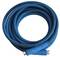A coiled blue garden hose with silver connectors lies on a white background.