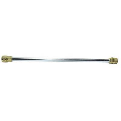 A straight metal pipe with two brass fittings at the ends, likely a connecting element in a piping system.