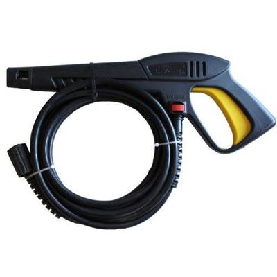 A black pressure washer gun with a yellow handle is connected to a long, coiled hose.