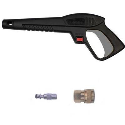 High-pressure spray gun with a red button, with two metal adapters underneath; left adapter with push-fit connection, right adapter with thread.