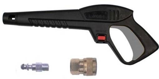 High-pressure washer gun with two plug adapters. The gun has an ergonomic grip and a red trigger button.
