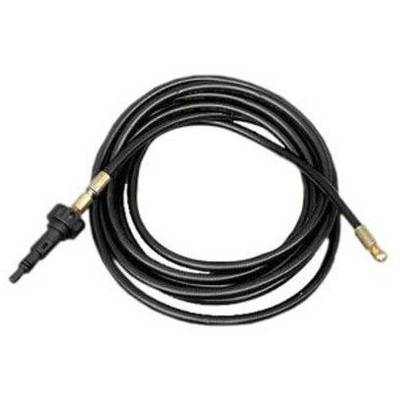 Long black high-pressure water hose with metal connectors at both ends, suitable for cleaning or gardening tasks.