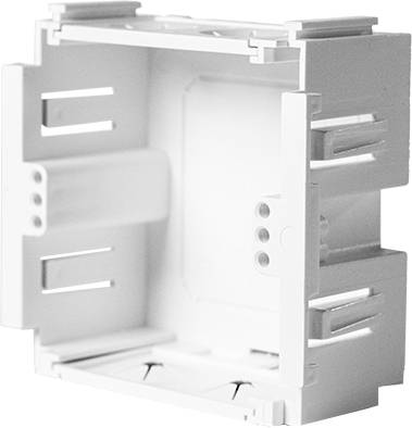 A white, rectangular plastic frame with multiple openings and slots, suitable for installing electrical components.