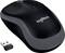 Black wireless computer mouse with grey accents and USB receiver. The Logitech logo is printed on the mouse.