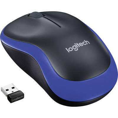 Wireless Logitech mouse in blue with USB receiver. Ideal for computers and laptops, user-friendly design, easy to operate.