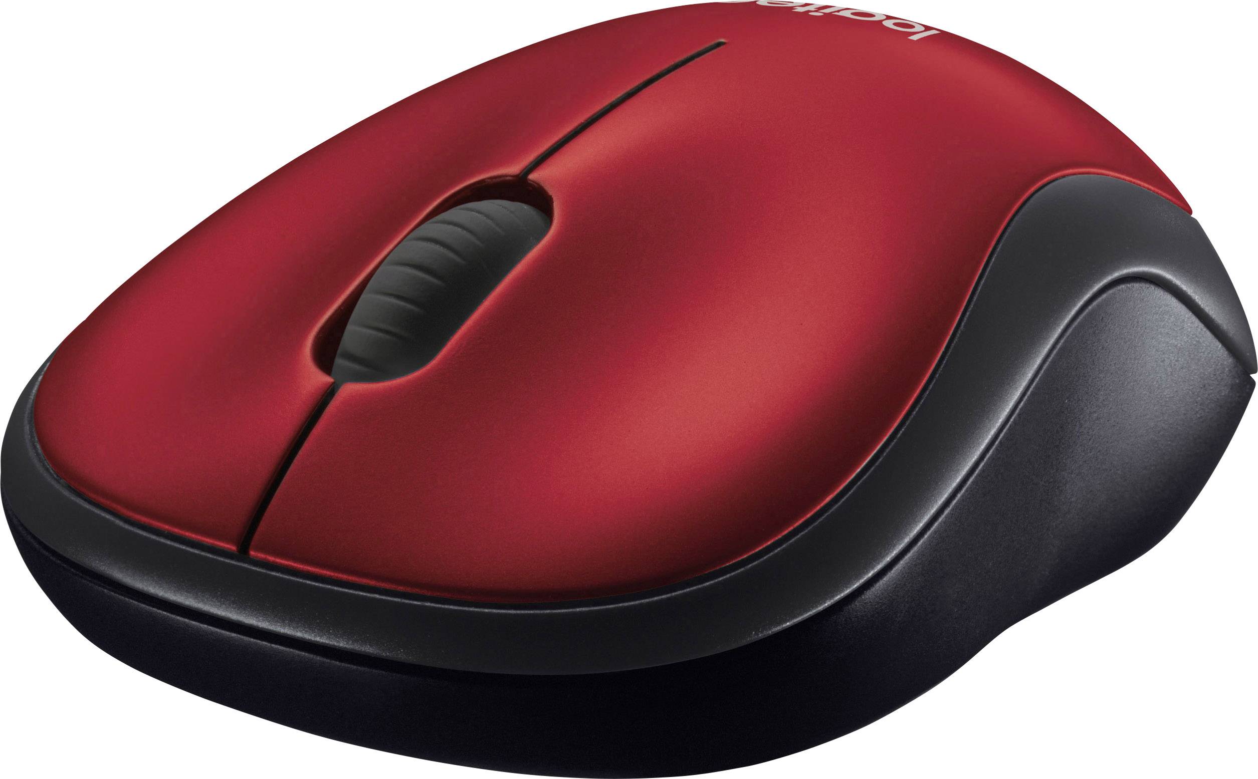 Red wireless computer mouse with black border and scroll wheel, side view.