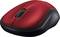 Red wireless computer mouse with black border and scroll wheel, side view.