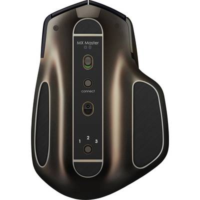 The underside of a computer mouse with three operational buttons, 'MX Master' inscription and a connection button.