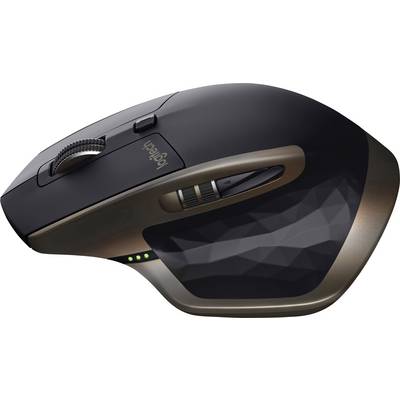 Black wireless computer mouse with ergonomic design, multiple buttons and a scroll wheel, textured side structure for improved grip.