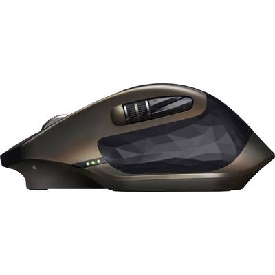Top-down view of an ergonomic computer mouse with multiple buttons and a scroll wheel. Three green LED indicators are visible on the left side.