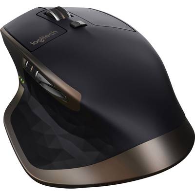 Black computer mouse with ergonomic design, scroll wheel, and multiple buttons. Logo on the top surface.
