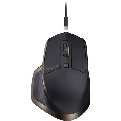 Wireless computer mouse in black with ergonomic design and visible USB connection. Brand logo visible on the left side.