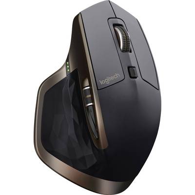 Wireless ergonomic computer mouse, black with brown accents and multiple buttons, illuminating LED indicators on the side.