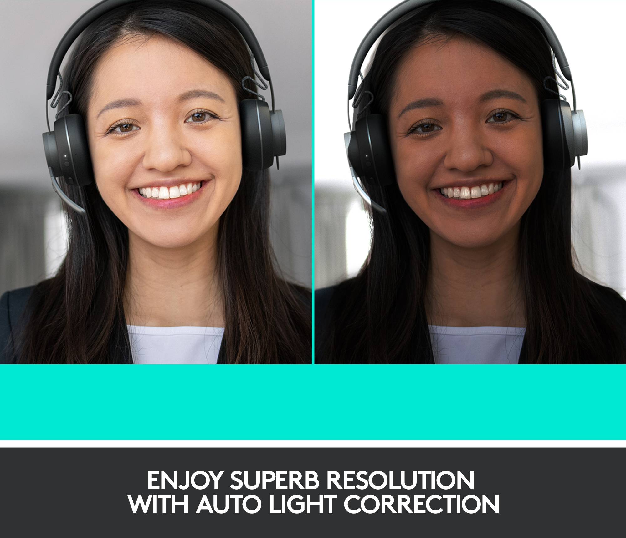 Two images of the same person wearing headphones. The image on the left is bright and clear, the one on the right is dark. Text below: 'Outstanding resolution with automatic lighting correction'.
