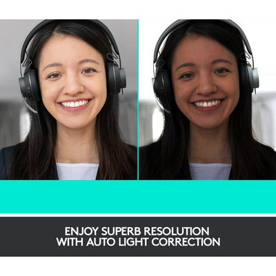 Two images of the same person wearing headphones. The image on the left is bright and clear, the one on the right is dark. Text below: 'Outstanding resolution with automatic lighting correction'.
